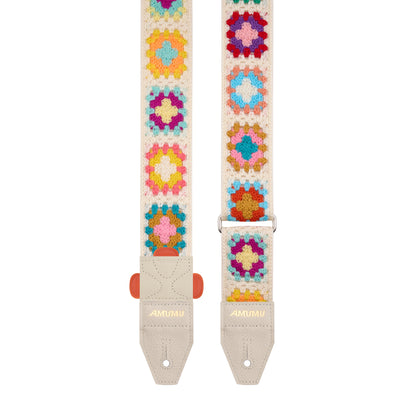 AMUMU Crochet Floral Cotton Guitar Strap β 2" Handmade Look | Top-Grain Leather Ends & Pick Holder | Adjustable 36"β59" CO44C-CW-R